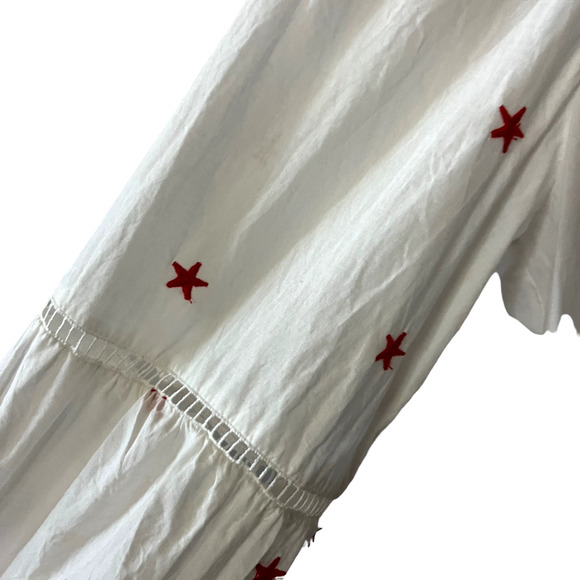 Unbranded Blouse Tunic Balloon Sleeve White Red Star Print Tassel Tie Boho L - Picture 3 of 6